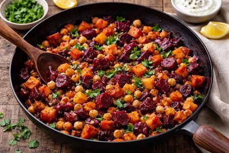 Recept: Roergebakken bietjes met zoete aardappel en kikkererwten