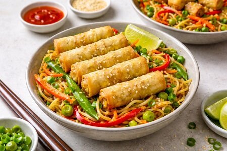 Recept: Aziatische noedelbowl met vegan mini loempia’s