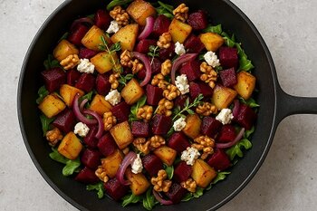 Recept: Warme bietjespan met aardappeltjes, geitenkaas en citroen