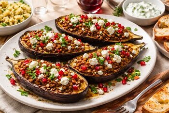 Recept: Geroosterde aubergine met linzen, feta & granaatappel